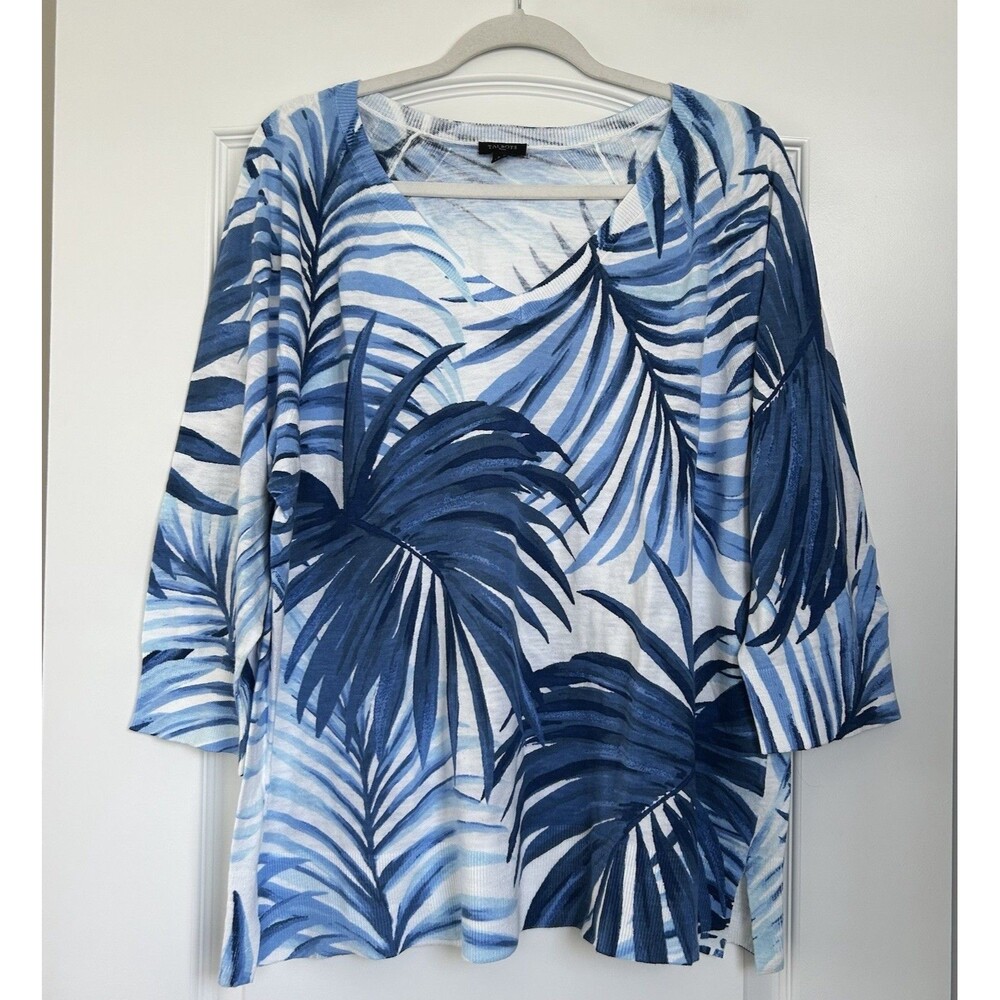 Talbots Plus Womens 2X Sweater Tropical Blue White 100% Cotton Pullover V-Neck